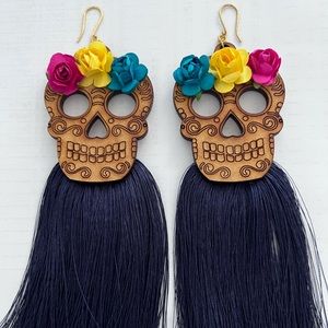 Skull Earrings Calavera Skull Day of the Dead Wood Dangle Tassel/ Flowers
